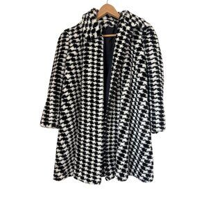 Vintage Black & White Faux Fur Houndstooth Swing Coat Jacket S/M
